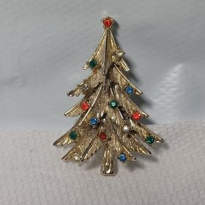 Christmas Tree Brooch Goldtone with 3D Branches With Multi-colored Rhinestones